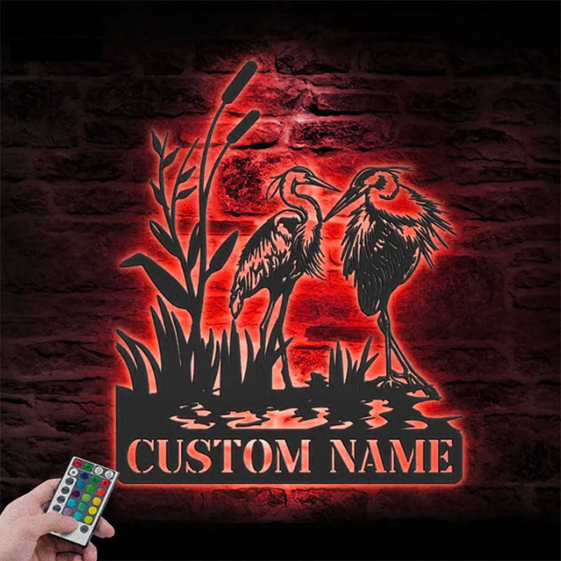 Personalized Couple Heron Bird Metal Wall Signs With RGB Led Light