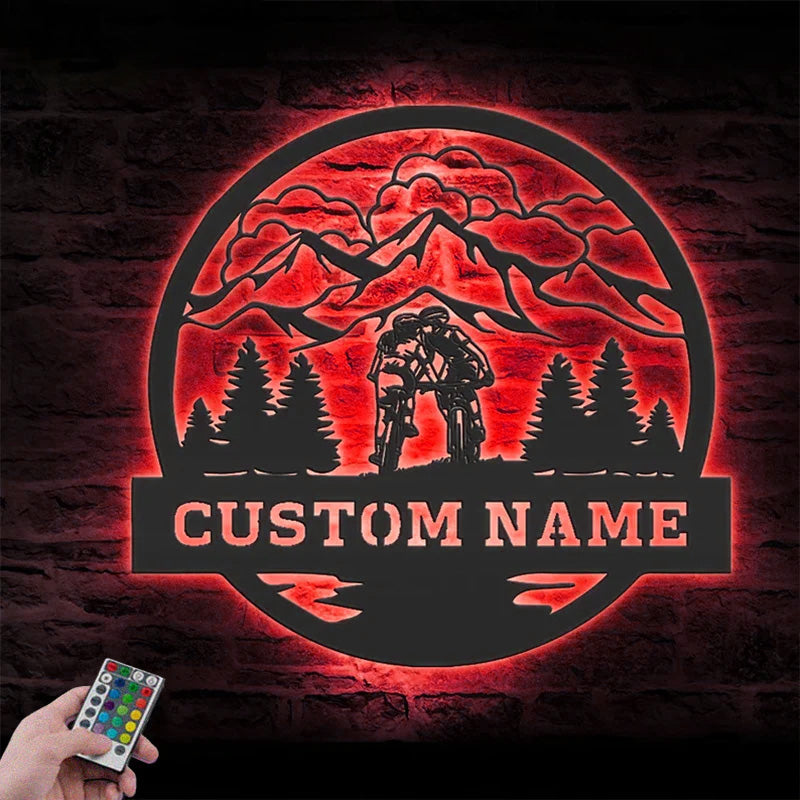 Personalized Couple Kiss Mountain Bike Metal Wall Signs With RGB Led Light