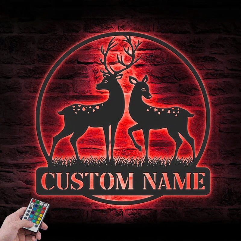 Personalized Couple Reindeer Deer Hunting Metal Wall Signs With RGB Led Light