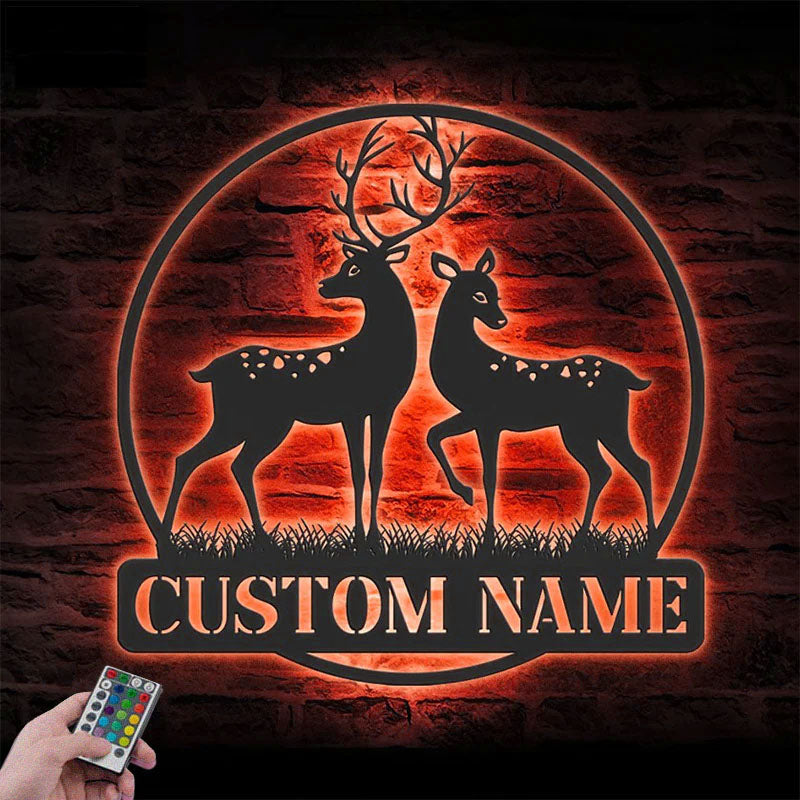 Personalized Couple Reindeer Deer Hunting, Metal Wall Signs With RGB Led Light