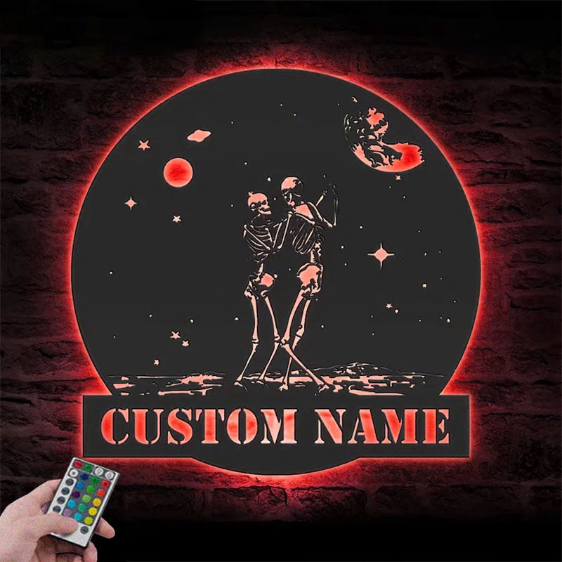 Personalized Couple Skeleton Dance On The Moon Metal Wall Signs With RGB Led Light