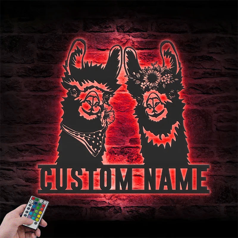 Personalized Cute Couple Alpaca Llama Love Metal Wall Signs With RGB Led Light