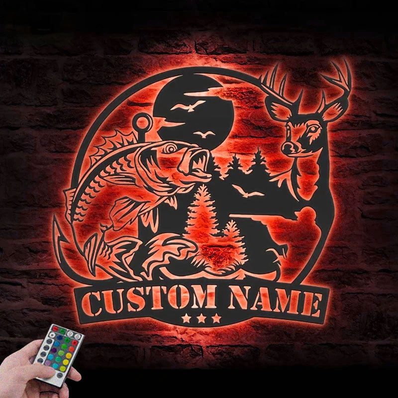 Personalized Deer And Fishing Metal Wall Signs With RGB Led Light