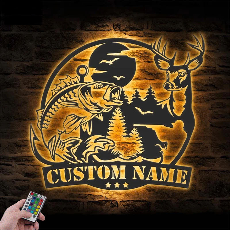 Personalized Deer And Fishing, Metal Wall Signs With RGB Led Light