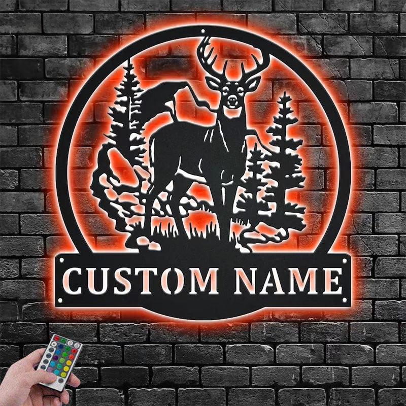 Personalized Deer And Mountain Metal Wall Signs With RGB Led Light