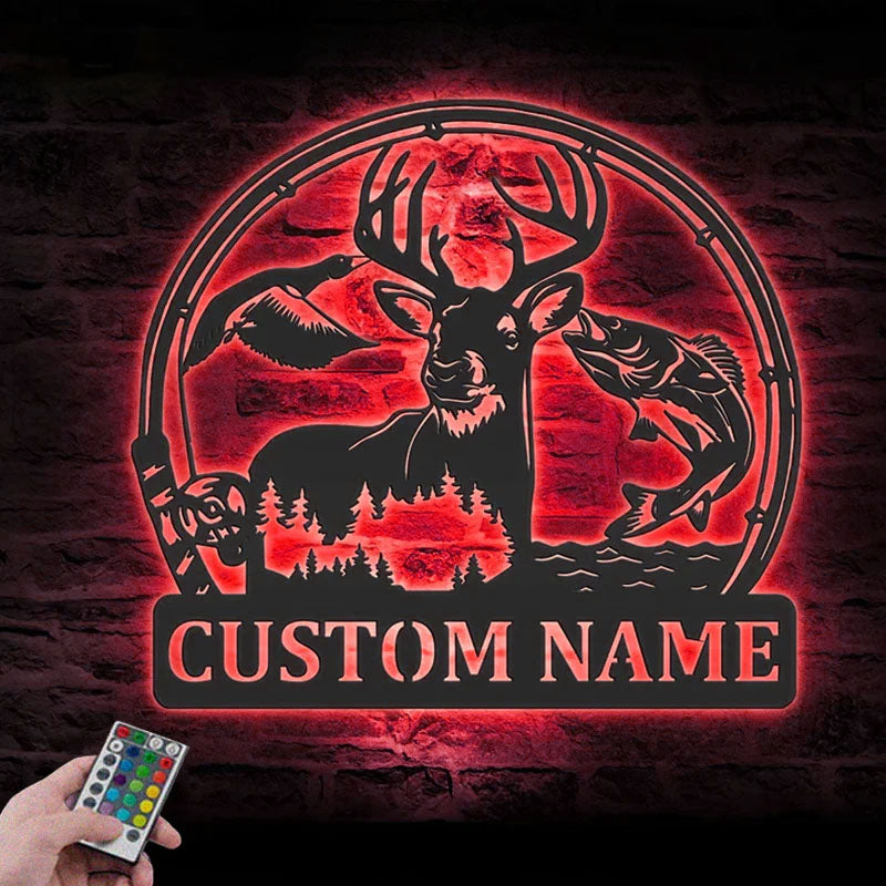 Personalized Deer Duck And Bass Fishing Metal Wall Signs With RGB Led Light