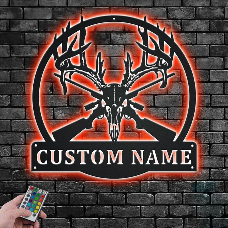 Personalized Deer Skull Hunting Metal Wall Signs With RGB Led Light