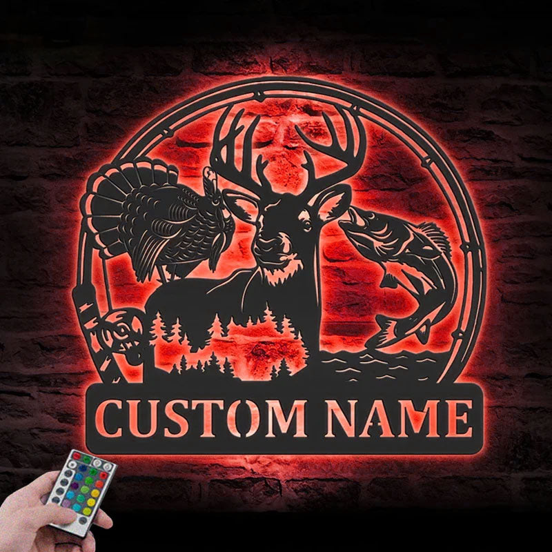 Personalized Deer Turkey And Bass Fishing Metal Wall Signs With RGB Led Light