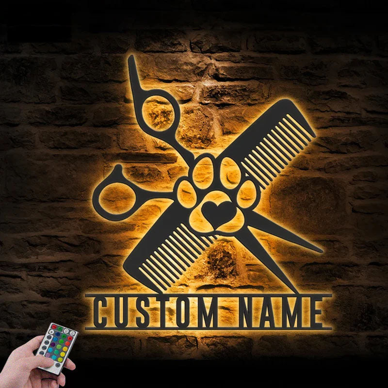 Personalized Dog Grooming Hair Salon, Metal Wall Signs With RGB Led Light