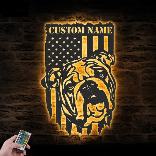 Personalized English Bulldog US Flag, Metal Wall Signs With RGB Led Light