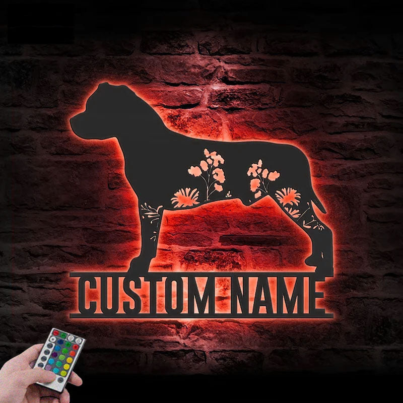Personalized FLoral American Staffordshire Terrier Metal Wall Signs With RGB Led Light