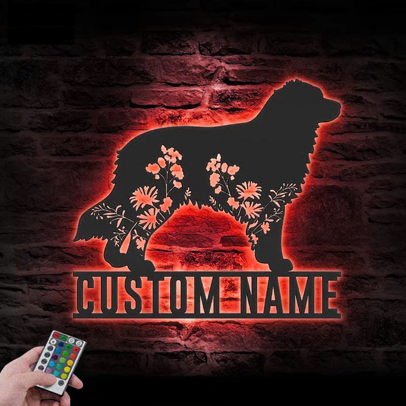 Personalized FLoral Australian Shepherd Metal Wall Signs With RGB Led Light