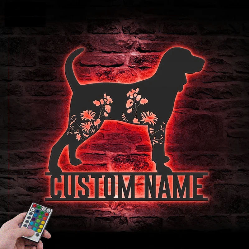 Personalized FLoral Black and Tan Coonhound Metal Wall Signs With RGB Led Light