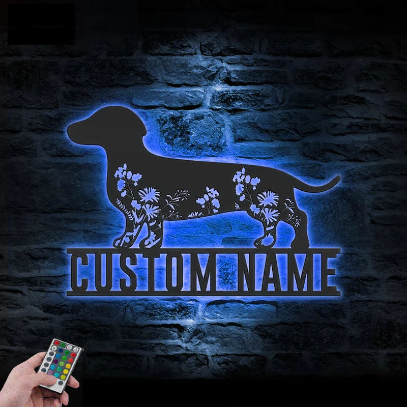 Personalized FLoral Dachshunds Metal Wall Art LED Light, Metal Wall Signs With RGB Led Light
