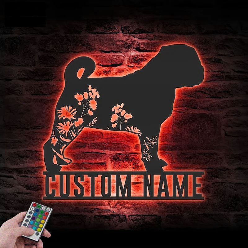 Personalized FLoral Pug, Metal Wall Signs With RGB Led Light
