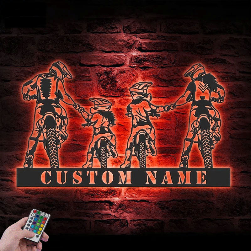 Personalized Family Motocross Biker, Metal Wall Signs With RGB Led Light