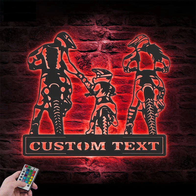 Personalized Family Motocross Biker, Metal Wall Signs With RGB Led Light
