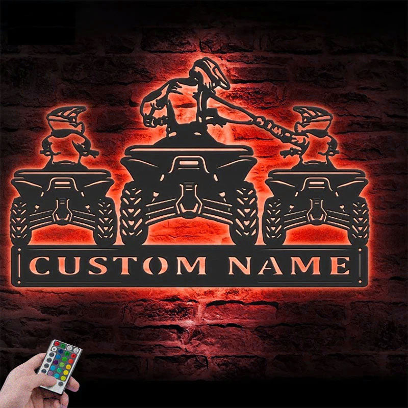 Personalized Father Son ATV Quad Motocross Biker, Metal Wall Signs With RGB Led Light