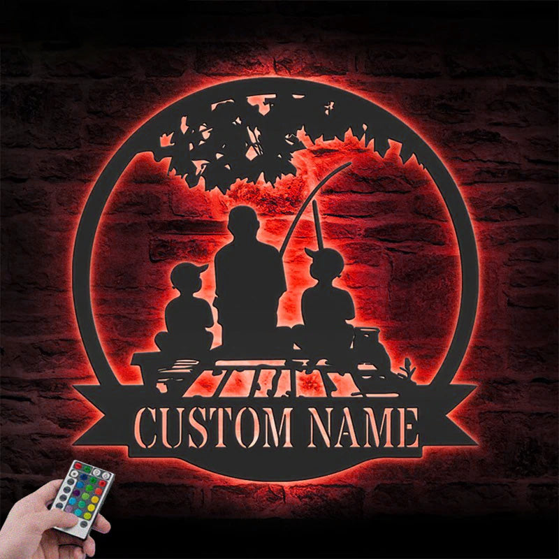 Personalized Father Son Fishing Metal Wall Signs With RGB Led Light