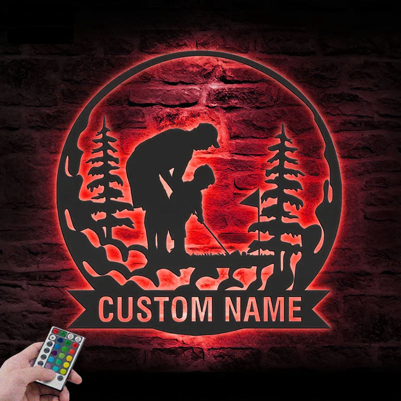 Personalized Father Son Golfing Metal Wall Art LED Light, Metal Wall Signs With RGB Led Light