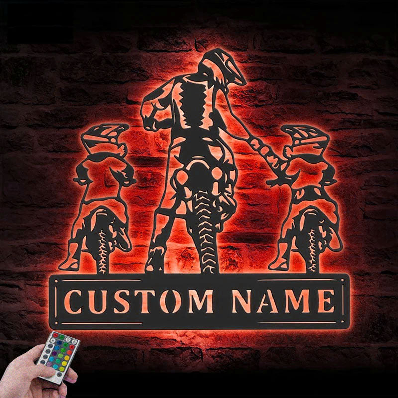 Personalized Father Son Motocross Biker, Metal Wall Signs With RGB Led Light
