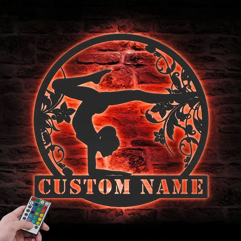 Personalized Female Gymnastics, Name Sign Home Decor Tumbling Cheerleading Fitness Metal Wall Signs With RGB Led Light