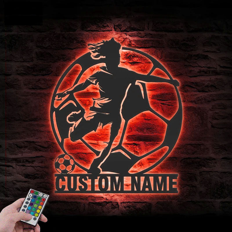 Personalized Female Soccer Metal Wall Signs With RGB Led Light