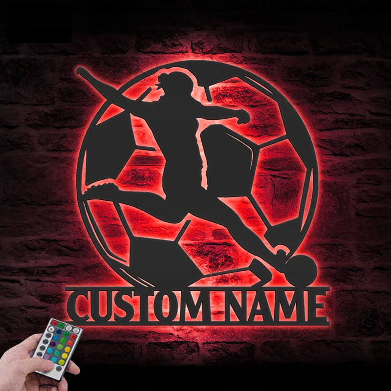 Personalized Female Soccer, Metal Wall Signs With RGB Led Light