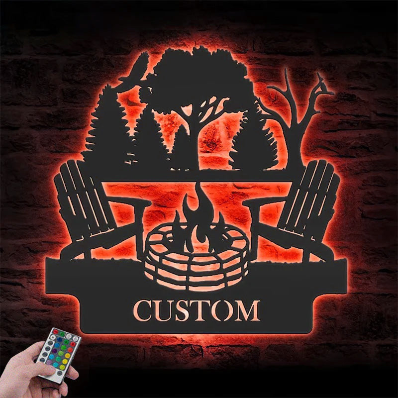 Personalized Fire Pit Lake House Metal Wall Signs With RGB Led Light