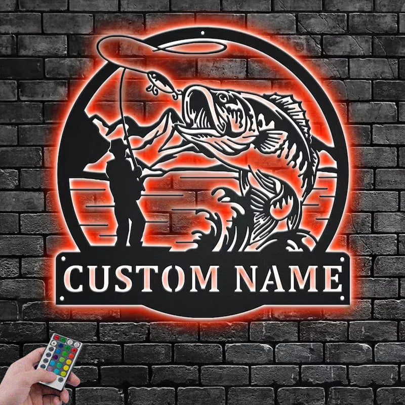 Personalized Fisherman Bass Fish Metal Wall Signs With RGB Led Light