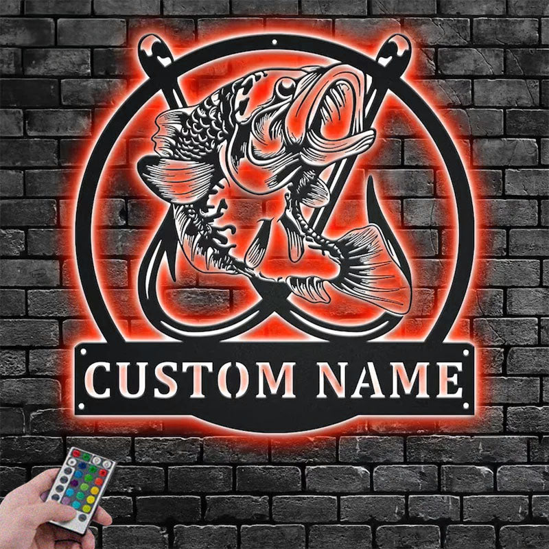 Personalized Fishing Hooks Metal Wall Signs With RGB Led Light