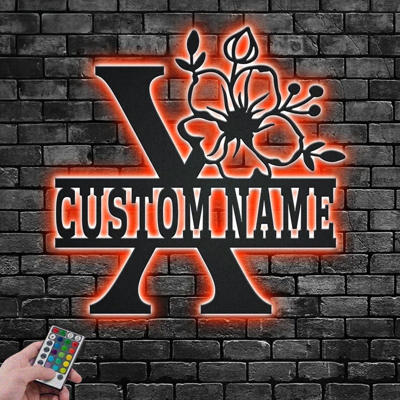 Personalized Floral Alphabet X Metal Wall Signs With RGB Led Light