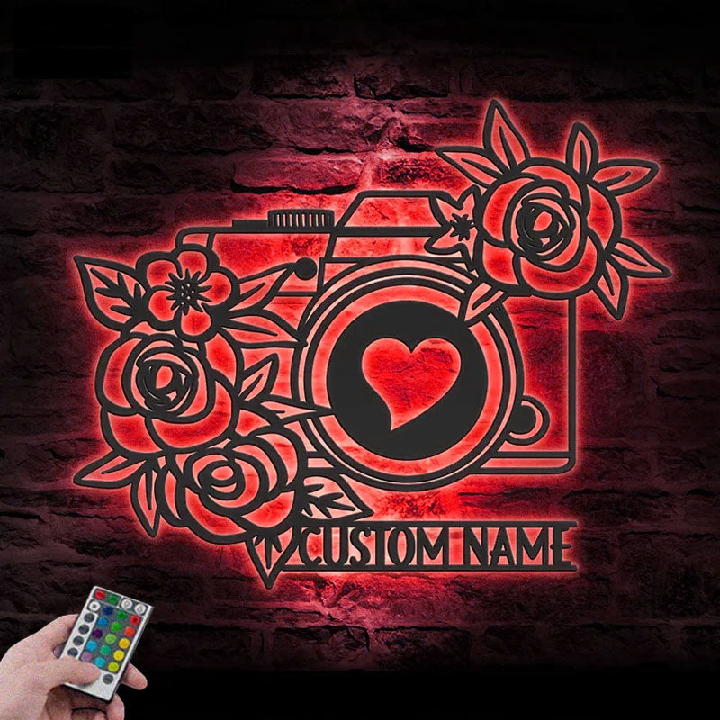 Personalized Floral Camera Photo Taking, Metal Wall Signs With RGB Led Light