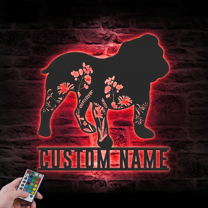 Personalized Floral English Bulldog Metal Wall Signs With RGB Led Light