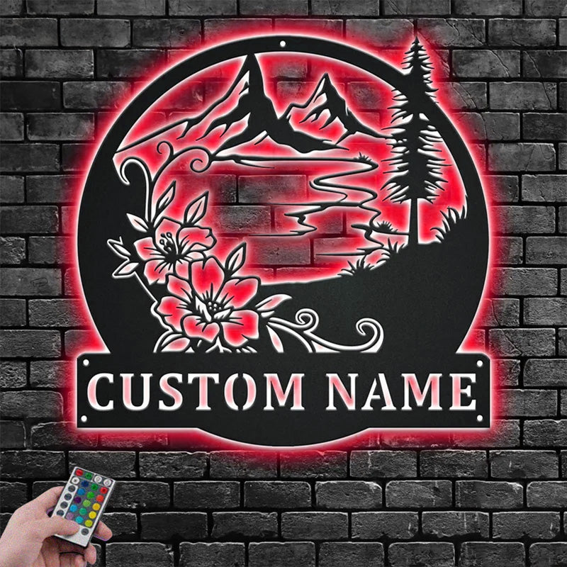 Personalized Floral Lake Scene Metal Wall Signs With RGB Led Light