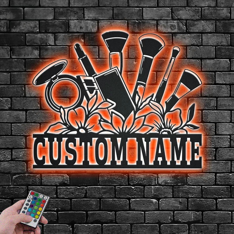Personalized Floral Makeup Tools Metal Wall Signs With RGB Led Light