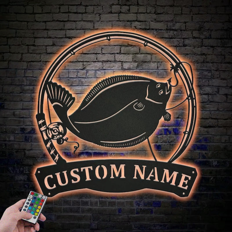 Personalized Flounder Fishing Fish Pole Metal Wall Signs With RGB Led Light