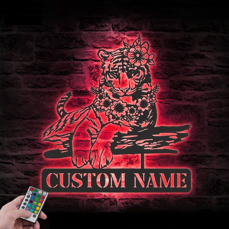 Personalized Flower Tiger Metal Wall Signs With RGB Led Light