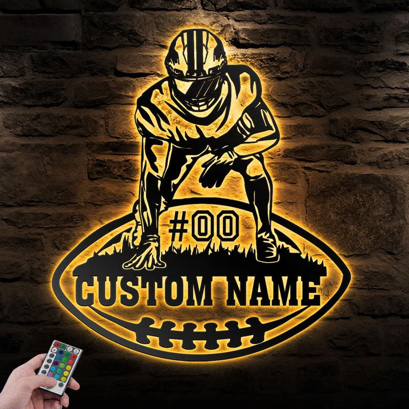 Personalized Football Player, Metal Wall Signs With RGB Led Light