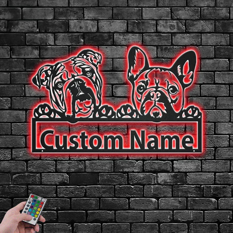 Personalized French Bulldog And English Bulldog, Metal Wall Signs With RGB Led Light