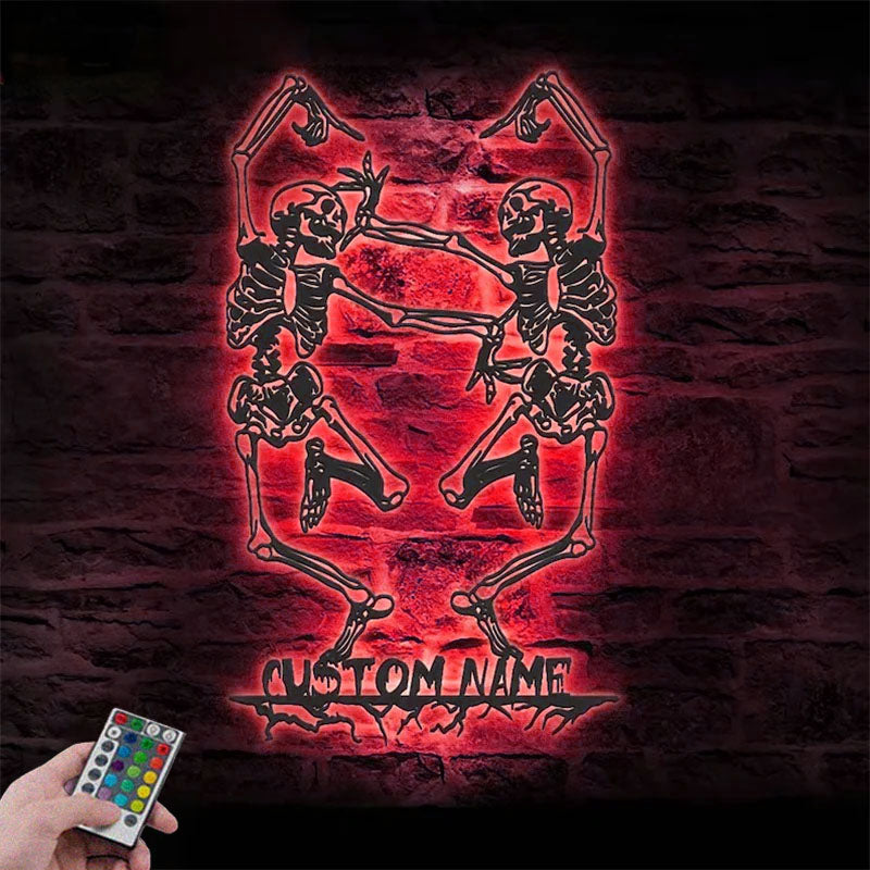 Personalized Funny Couple Skeleton Dancer Metal Wall Signs With RGB Led Light