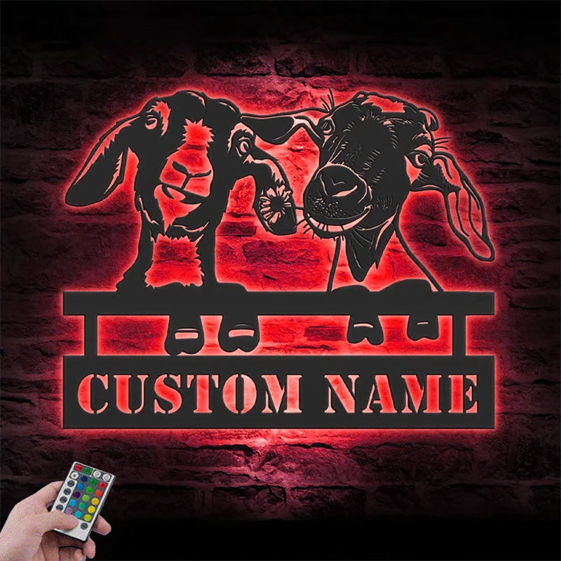 Personalized Funny Valentine Couple Goat Love Farmhouse Metal Wall Signs With RGB Led Light