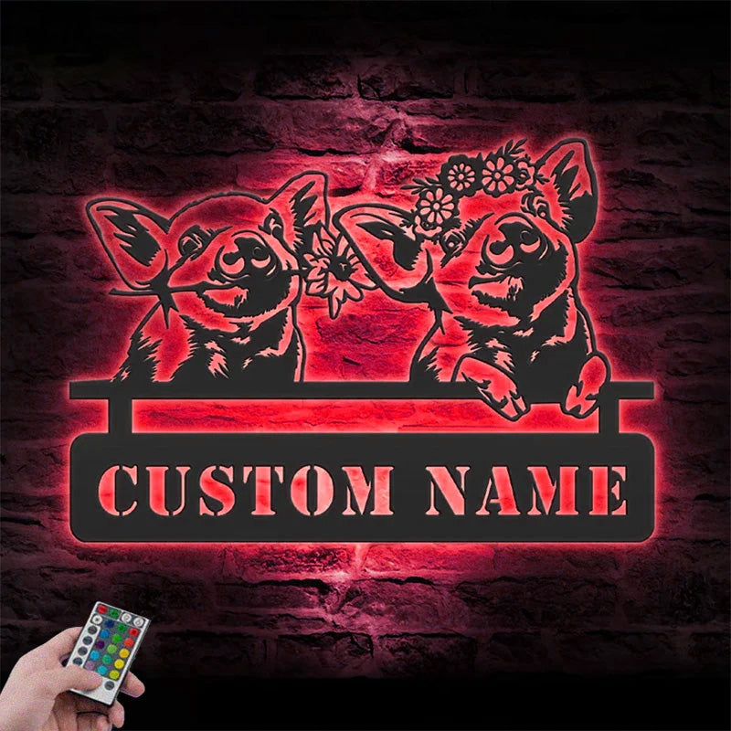 Personalized Funny Valentine Couple Pig Love Farmhouse Metal Wall Signs With RGB Led Light