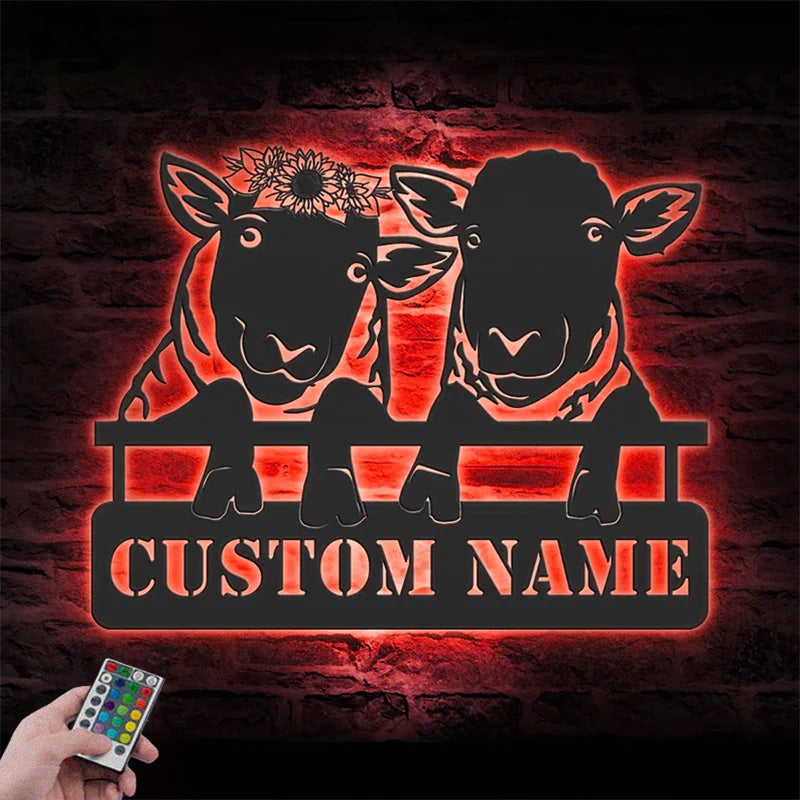 Personalized Funny Valentine Couple Sheep Love Farmhouse Metal Wall Signs With RGB Led Light