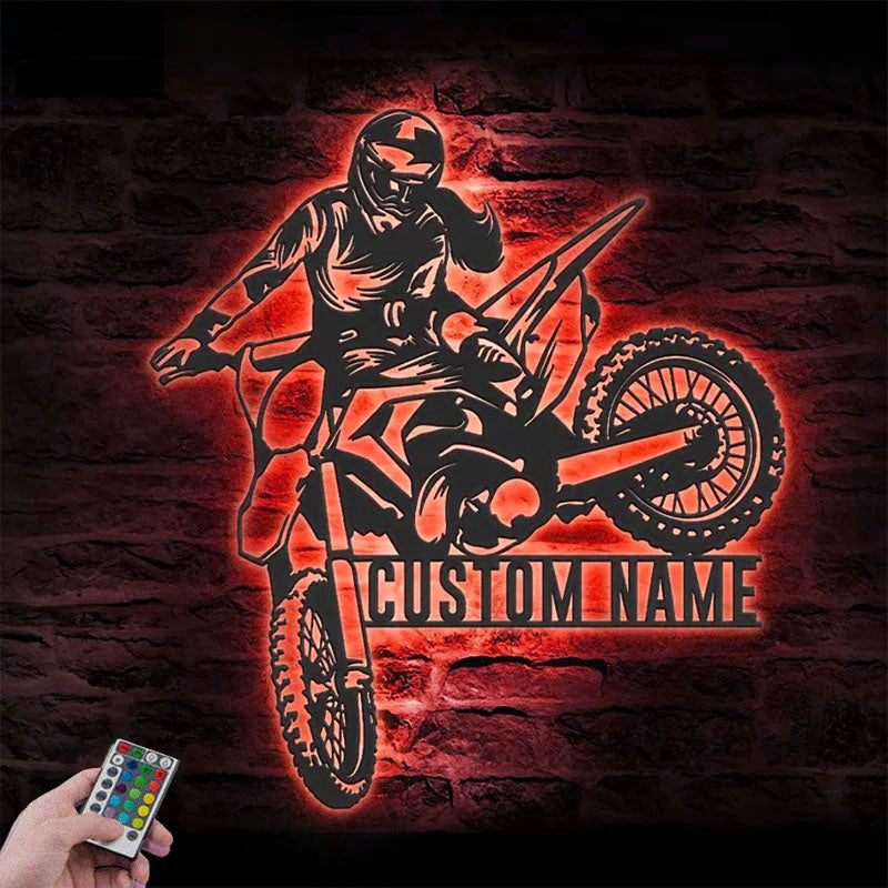 Personalized Girl Motocross Biker, Metal Wall Signs With RGB Led Light