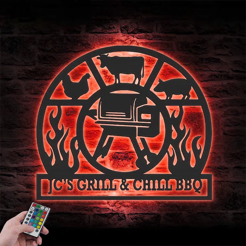 Personalized Grill Decor Barbecue, Patio Housewarming Metal Wall Signs With RGB Led Light