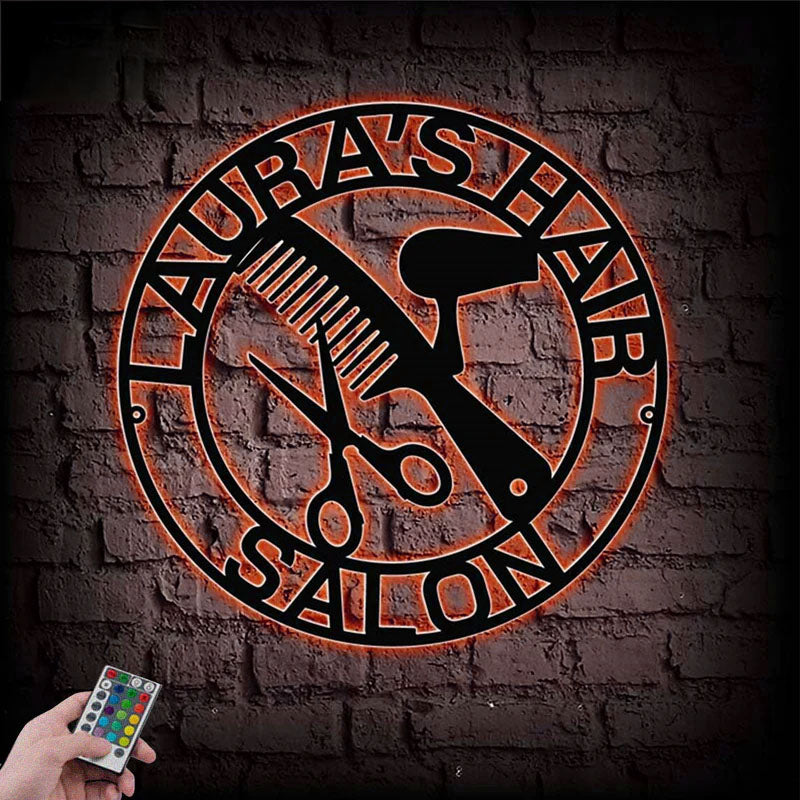 Personalized Hair Salon Sign, Metal Wall Signs With RGB Led Light