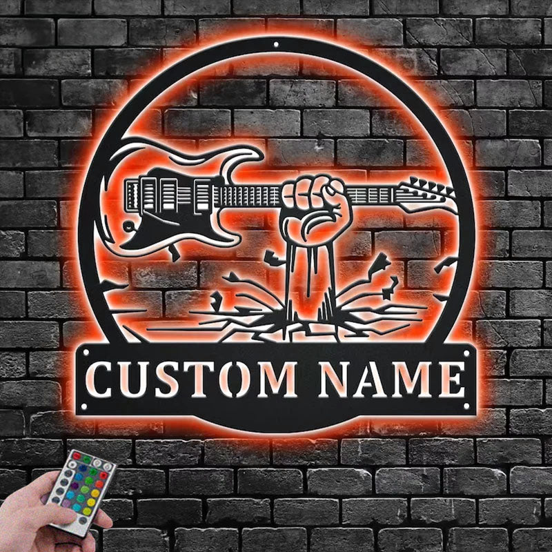 Personalized Hand Holding Electric Guitar Metal Wall Signs With RGB Led Light