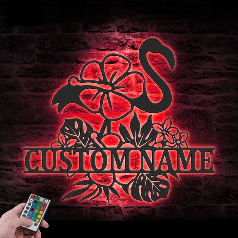 Personalized Hibiscus Flower Flamingo, Metal Wall Signs With RGB Led Light