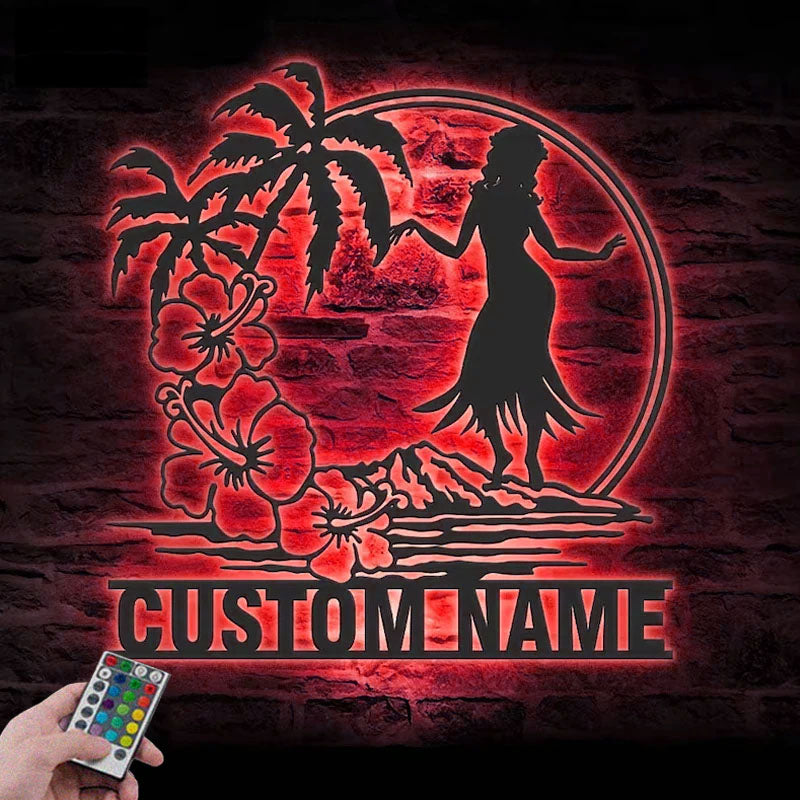 Personalized Hula Dancer Hawaiian Flower Scene,  Metal Wall Signs With RGB Led Light